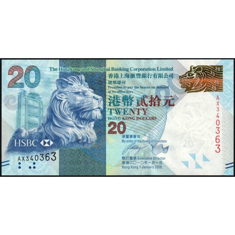 Hong Kong - HSBC Limited - Pick 212a - 20 dollars - Série AX - 01/01/2010 - Etat : NEUF