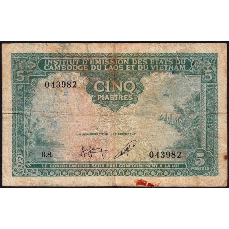 Indochine Française - Cambodge - Pick 95 - 5 piastres - Série B.8 - 1953 - Etat : B-