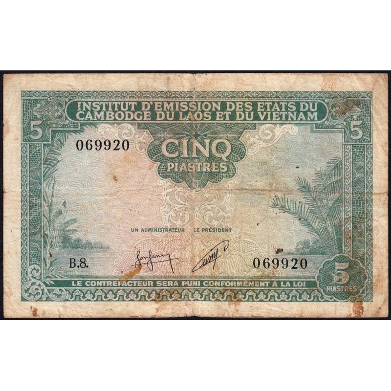 Indochine Française - Cambodge - Pick 95 - 5 piastres - Série B.8 - 1953 - Etat : B+