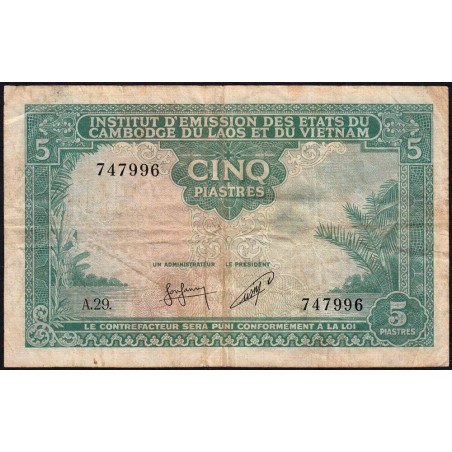 Indochine Française - Cambodge - Pick 95 - 5 piastres - Série A.29 - 1953 - Etat : TB-