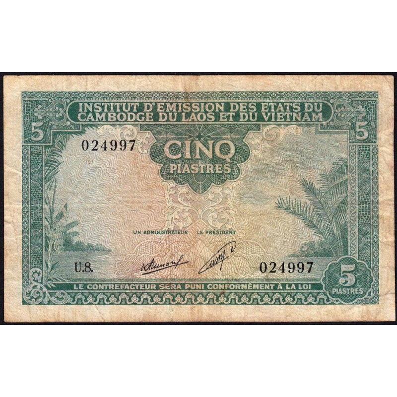 Indochine Française - Laos - Pick 101 - 5 piastres - Série U.8 - 1953 - Etat : TB-