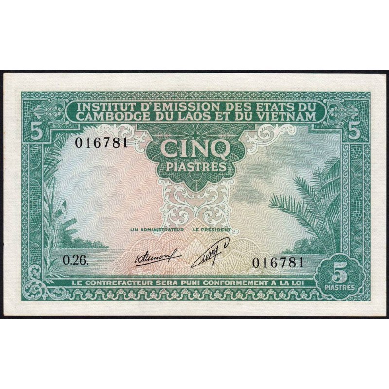 Indochine Française - Laos - Pick 101 - 5 piastres - Série O.26 - 1953 - Etat : SPL+