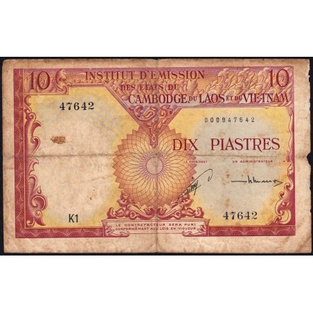 Indochine Française - Cambodge - Pick 96a - 10 piastres - Série K1 - 1953 - Etat : B+ à TB-