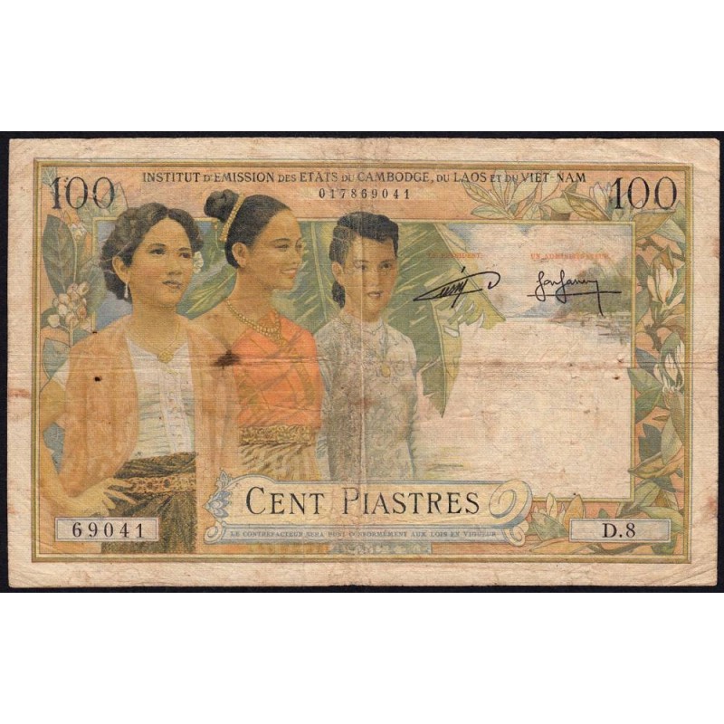 Indochine Française - Cambodge - Pick 97 - 100 piastres - Série D.8 - 1954 - Etat : B