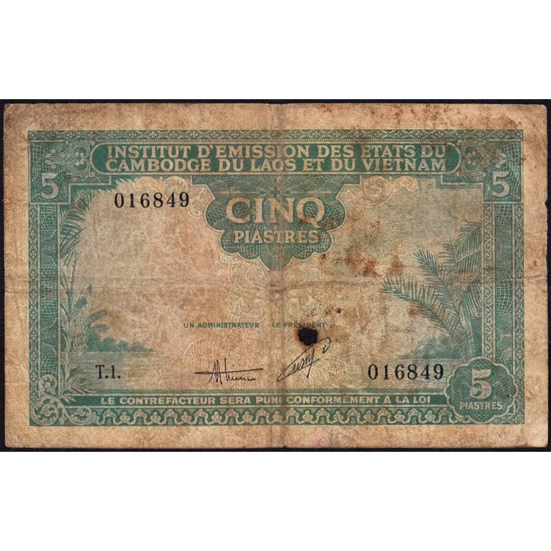 Indochine Française - Vietnam - Pick 106 - 5 piastres - Série T.1 - 1953 - Etat : B-