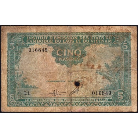 Indochine Française - Vietnam - Pick 106 - 5 piastres - Série T.1 - 1953 - Etat : B-