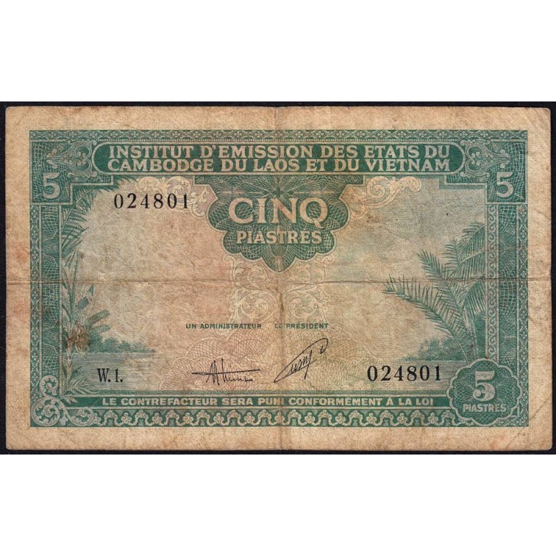 Indochine Française - Vietnam - Pick 106 - 5 piastres - Série W.1 - 1953 - Etat : B