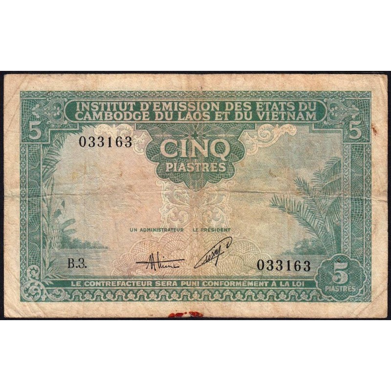 Indochine Française - Vietnam - Pick 106 - 5 piastres - Série B.3 - 1953 - Etat : B+