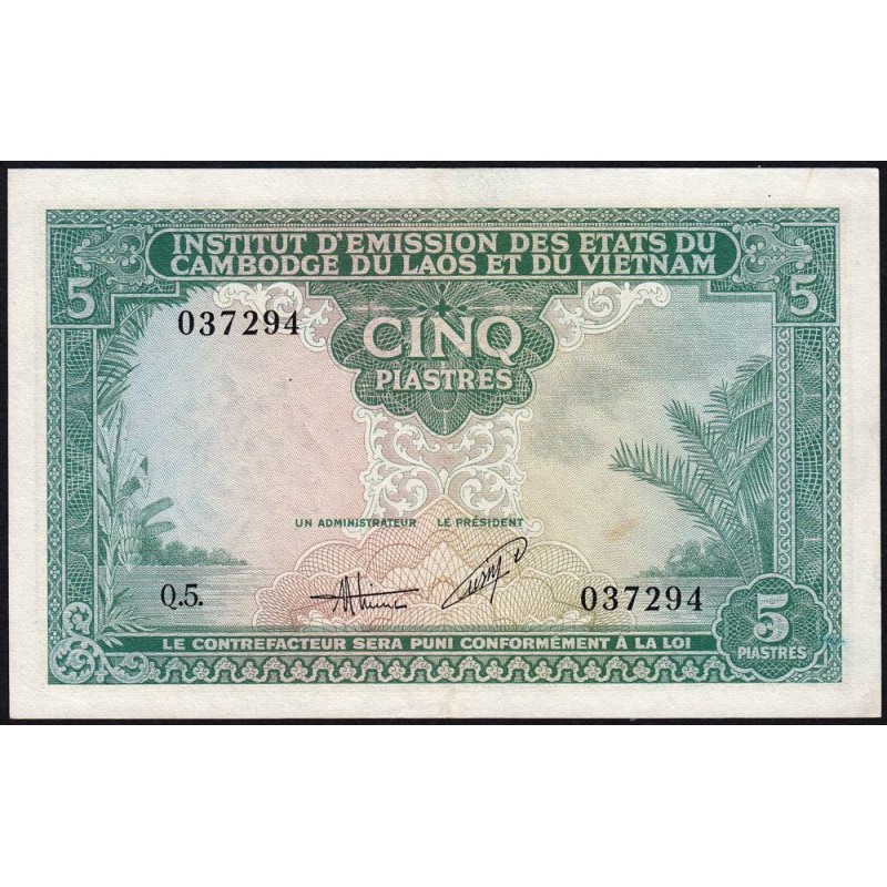 Indochine Française - Vietnam - Pick 106 - 5 piastres - Série Q.5 - 1953 - Etat : SUP+