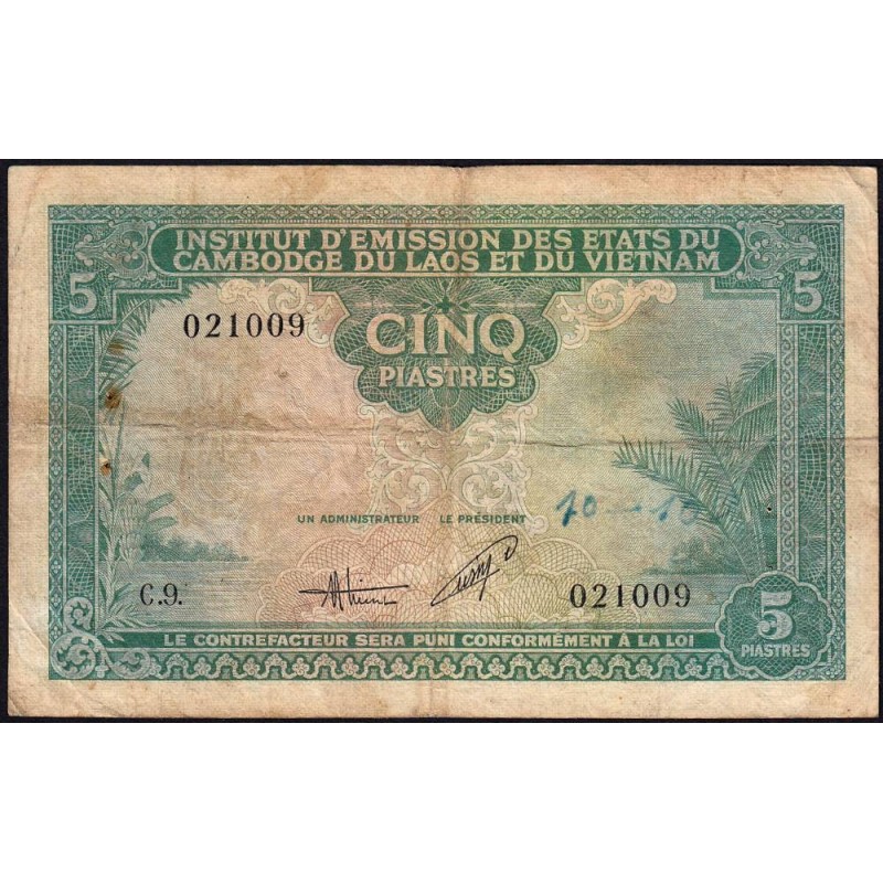 Indochine Française - Vietnam - Pick 106 - 5 piastres - Série C.9 - 1953 - Etat : TB-