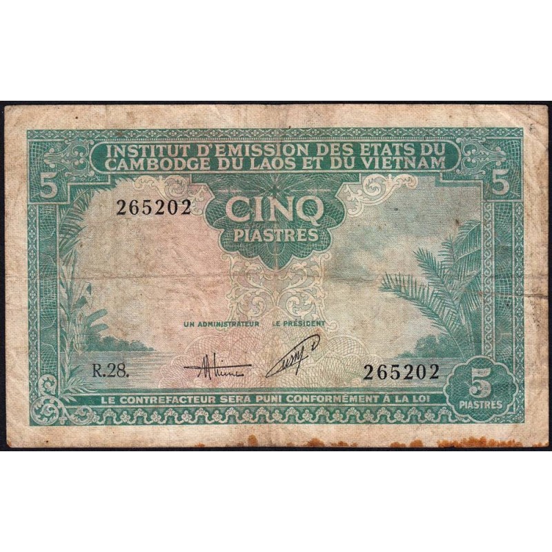 Indochine Française - Vietnam - Pick 106 - 5 piastres - Série R.28 - 1953 - Etat : B+