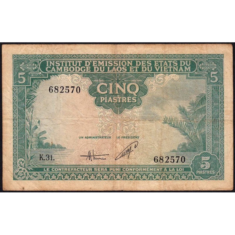 Indochine Française - Vietnam - Pick 106 - 5 piastres - Série K.31 - 1953 - Etat : TB-