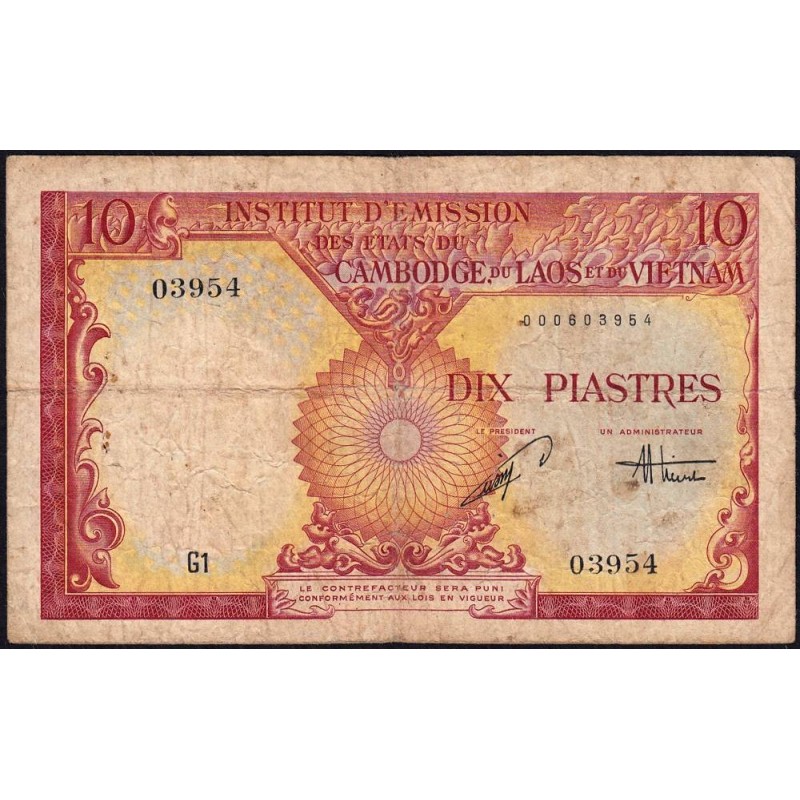 Indochine Française - Vietnam - Pick 107 - 10 piastres - Série G1 - 1953 - Etat : B+