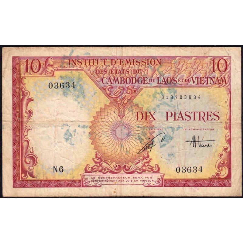Indochine Française - Vietnam - Pick 107 - 10 piastres - Série N6 - 1953 - Etat : TB-