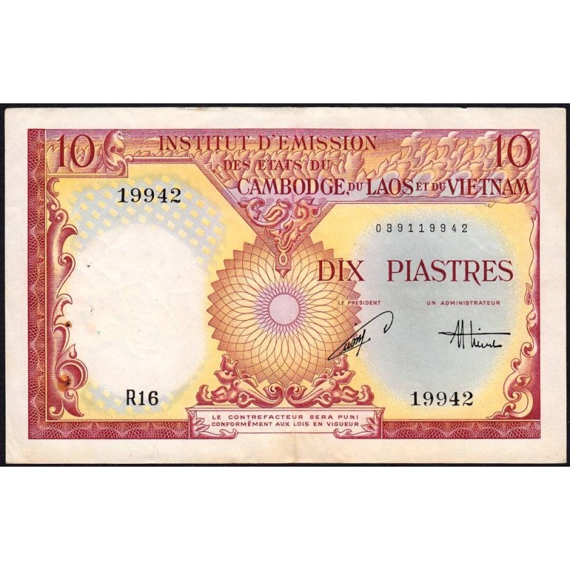 Indochine Française - Vietnam - Pick 107 - 10 piastres - Série R16 - 1953 - Etat : TTB