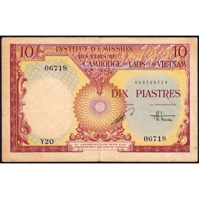 Indochine Française - Vietnam - Pick 107 - 10 piastres - Série Y20 - 1953 - Etat : TTB-