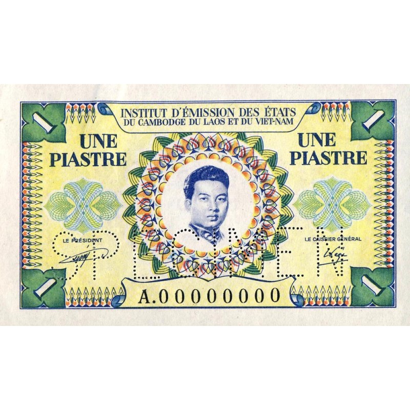 Indochine Française - Cambodge - Pick 93s - 1 piastre - Série A - 1954 - Spécimen - Etat : SPL