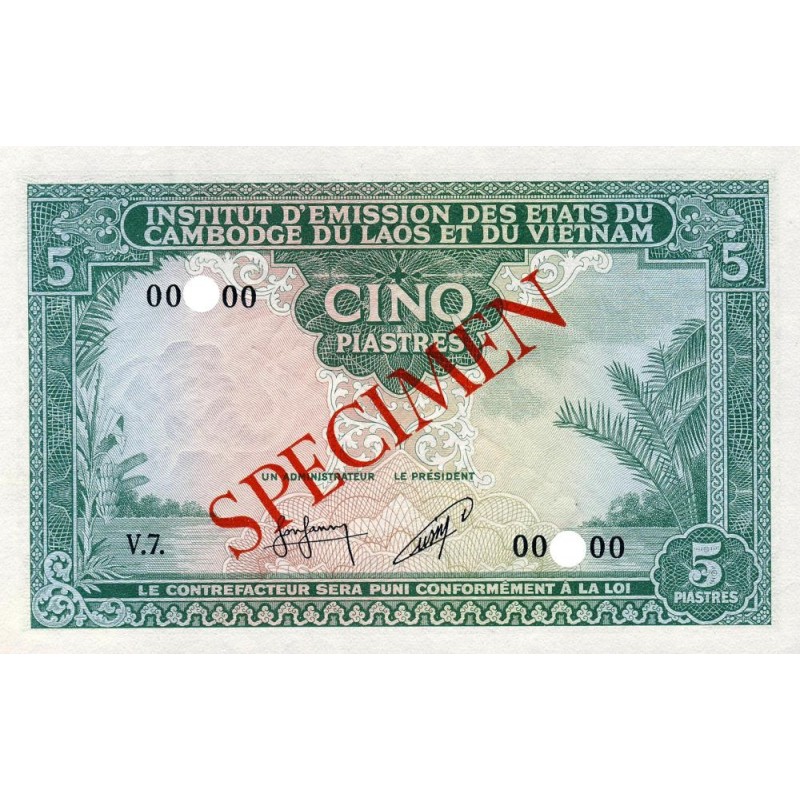 Indochine Française - Cambodge - Pick 95s - 5 piastres - Série V.7 - 1953 - Spécimen - Etat : SPL+