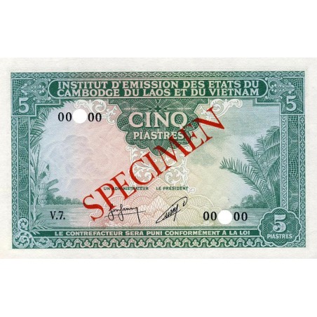 Indochine Française - Cambodge - Pick 95s - 5 piastres - Série V.7 - 1953 - Spécimen - Etat : SPL+