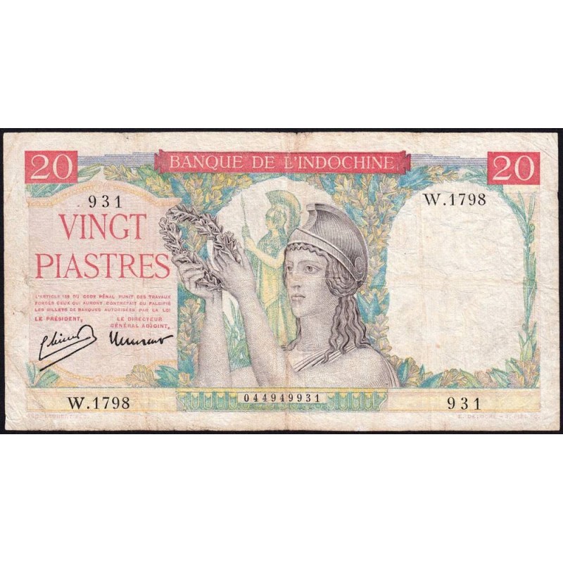 Indochine Française - Pick 81 - 20 piastres - Série W.1798 (remplacement) - 1949 - Etat : TB-