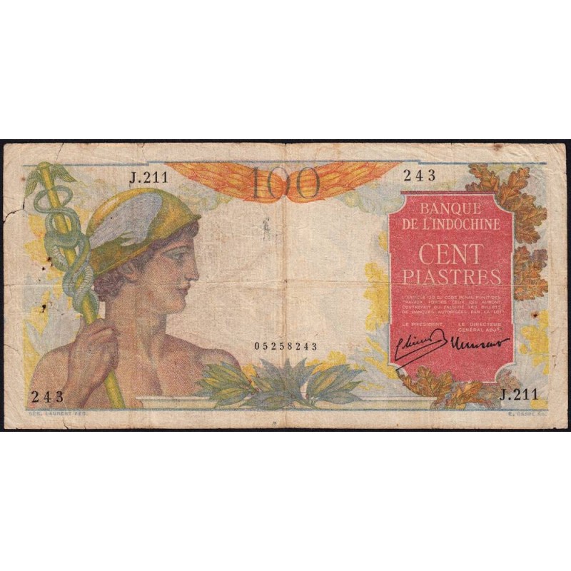 Indochine Française - Pick 82a - 100 piastres - Série J.211 - 1947 - Etat : TB-
