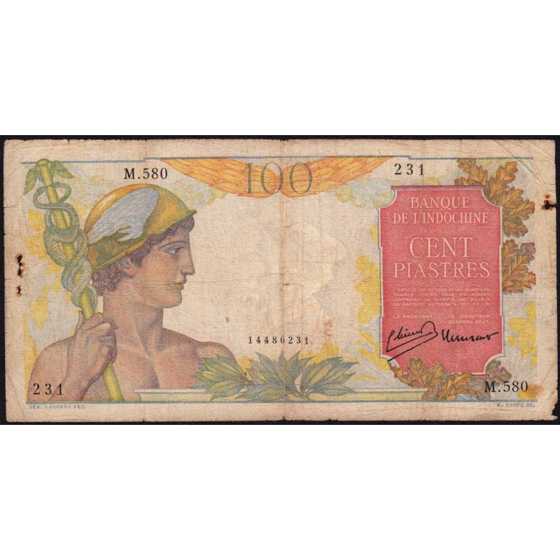 Indochine Française - Pick 82a - 100 piastres - Série M.580 - 1947 - Etat : B+