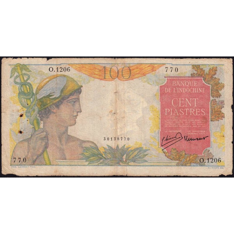 Indochine Française - Pick 82a - 100 piastres - Série O.1206 - 1947 - Etat : B