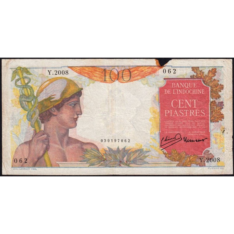 Indochine Française - Pick 82b - 100 piastres - Série Y.2008 - 1949 - Etat : TB-
