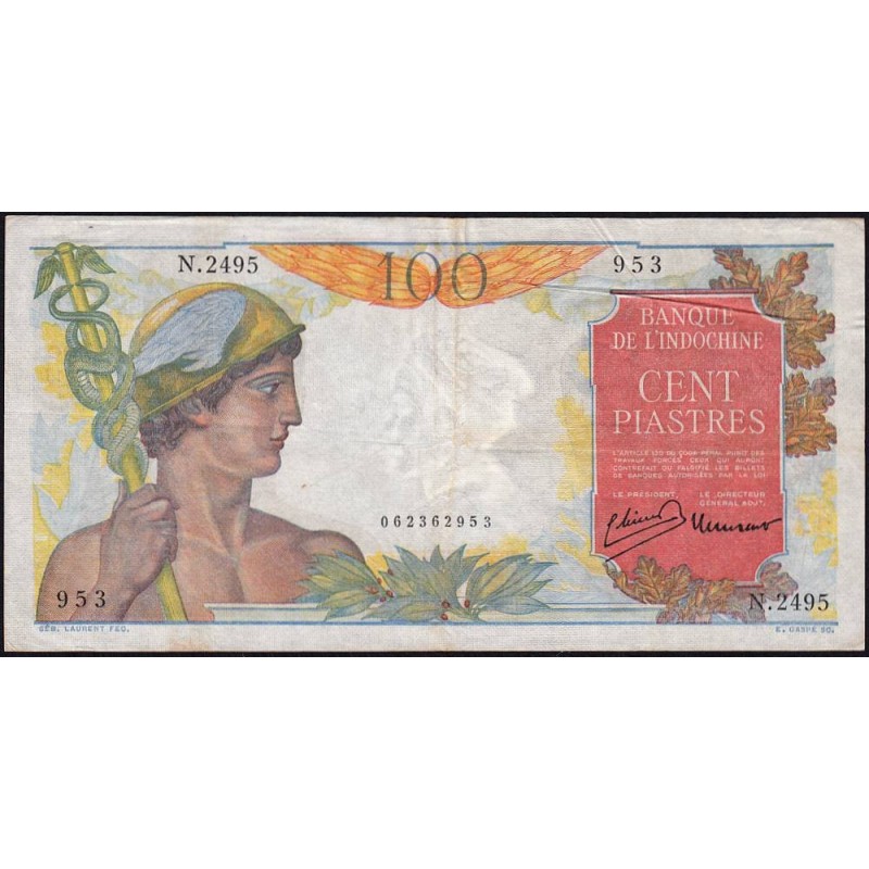 Indochine Française - Pick 82b - 100 piastres - Série N.2495 - 1949 - Etat : TTB
