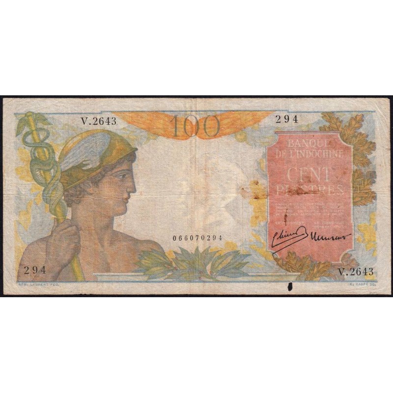 Indochine Française - Pick 82b - 100 piastres - Série V.2643 - 1949 - Etat : TB-