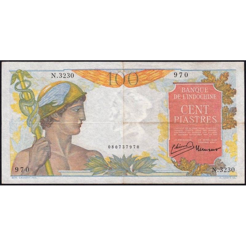 Indochine Française - Pick 82b - 100 piastres - Série N.3230 - 1949 - Etat : TTB
