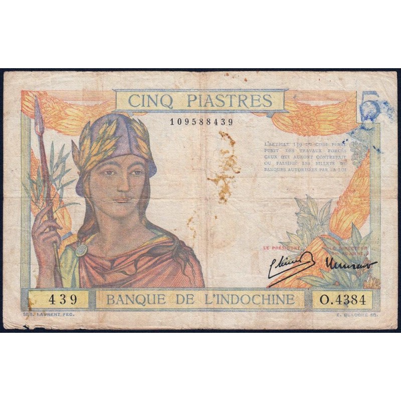 Indochine Française - Pick 55c - 5 piastres - Série O.4384 - 1946 - Etat : B+