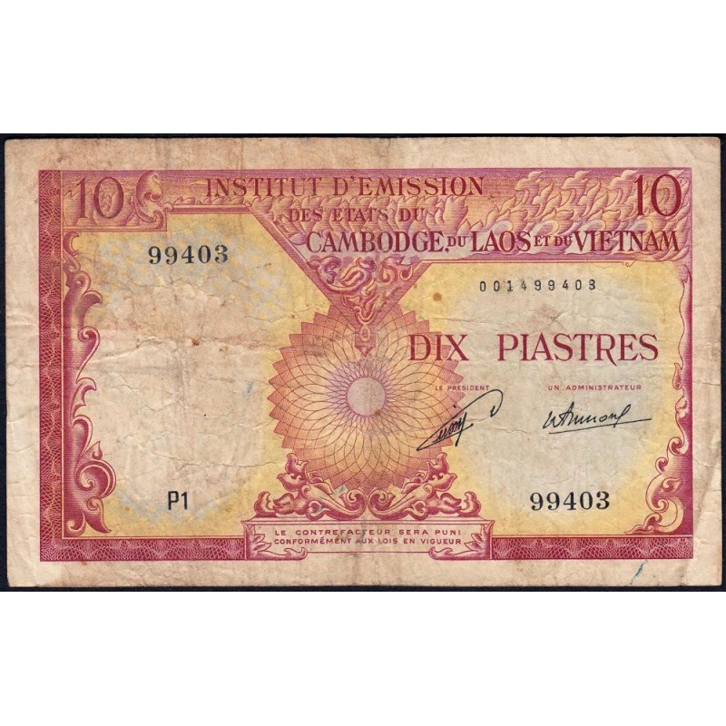 Indochine Française - Laos - Pick 102 - 10 piastres - Série P1 - 1953 - Etat : B+