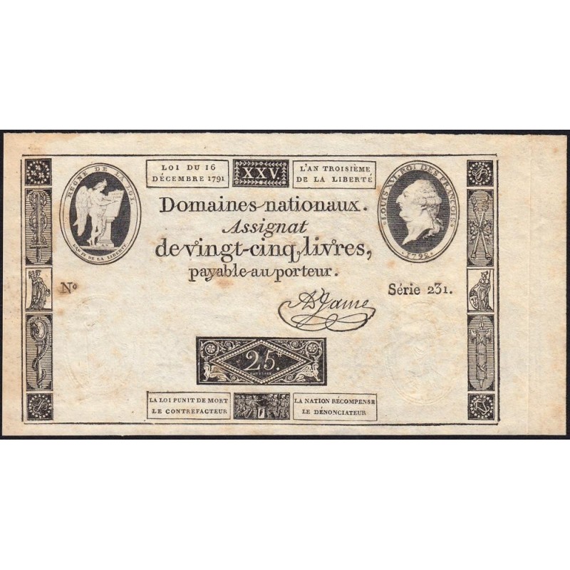 Assignat 22a - 25 livres - 16 décembre 1791 - Série 231 - Etat : TTB+