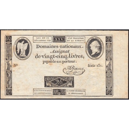 Assignat 22a - 25 livres - 16 décembre 1791 - Série 231 - Etat : TTB+