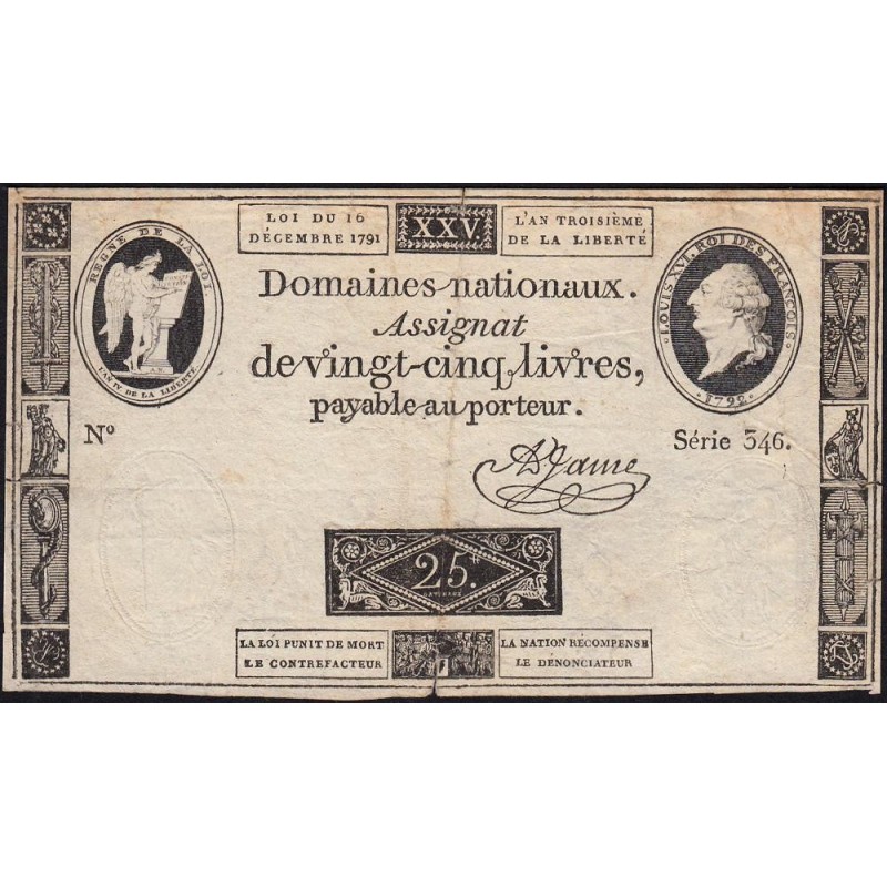 Assignat 22a - 25 livres - 16 décembre 1791 - Série 346 - Etat : TB