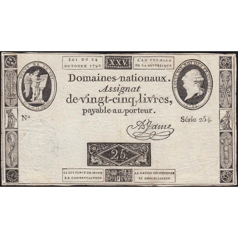 Assignat 37a - 25 livres - 24 octobre 1792 - Série 254 - Etat : TB+ à TTB