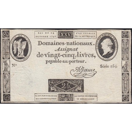 Assignat 37a - 25 livres - 24 octobre 1792 - Série 254 - Etat : TB+ à TTB