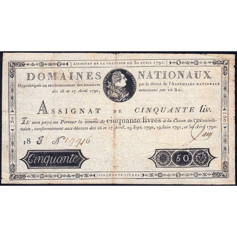 Assignat 28a - 50 livres - 30 avril 1792 - Série 18J - Etat : TTB