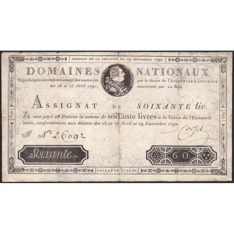 Assignat 05a - 60 livres - 29 septembre 1790 - Série F - Etat : TB