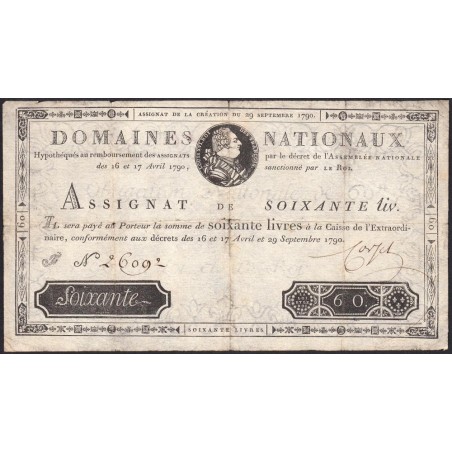 Assignat 05a - 60 livres - 29 septembre 1790 - Série F - Etat : TB
