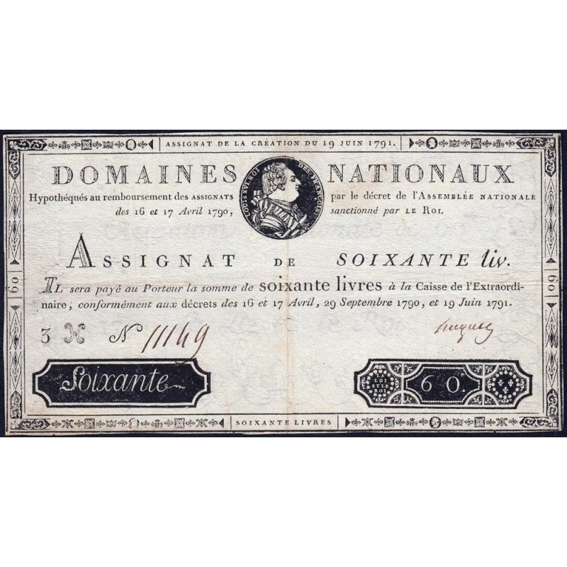 Assignat 14a - 60 livres - 19 juin 1791 - Série 3H - Etat : TTB+