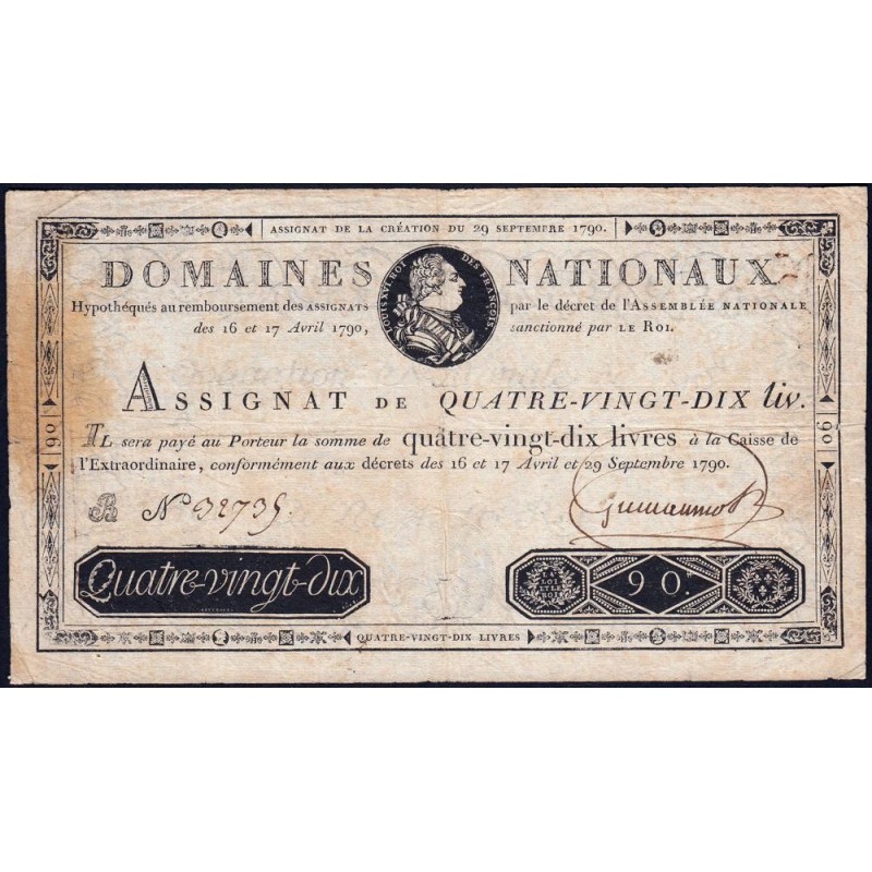 Assignat 08a - 90 livres - 29 septembre 1790 - Série B - Etat : TB+