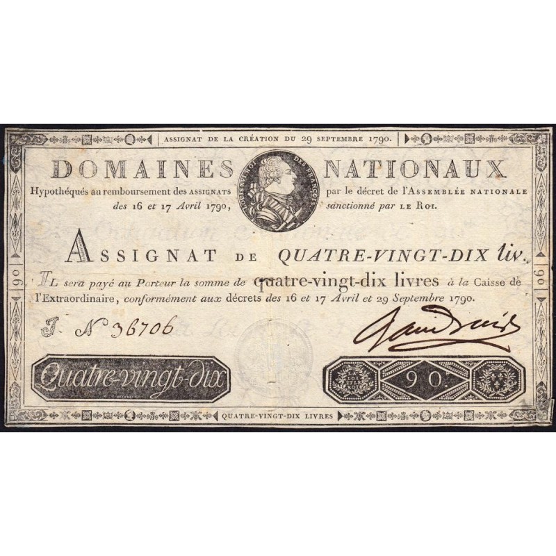 Assignat 08a - 90 livres - 29 septembre 1790 - Série J - Etat : TB+ à TTB
