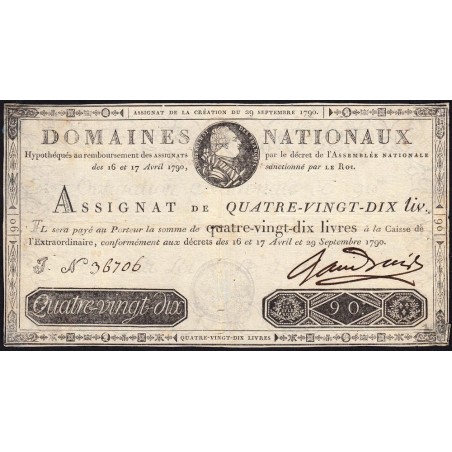 Assignat 08a - 90 livres - 29 septembre 1790 - Série J - Etat : TB+ à TTB