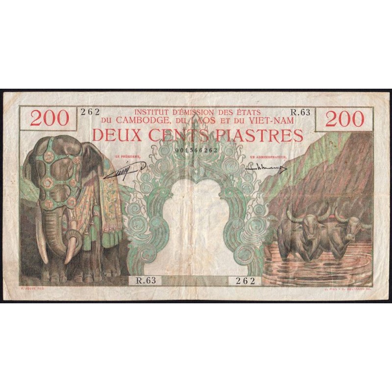 Indochine Française - Cambodge - Pick 98 - 200 piastres - Série R.63 - 1953 - Etat : TTB