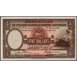 Hong Kong - HSBC - Pick 173d - 5 dollars - Série N - 01/04/1941 - Etat : TTB+