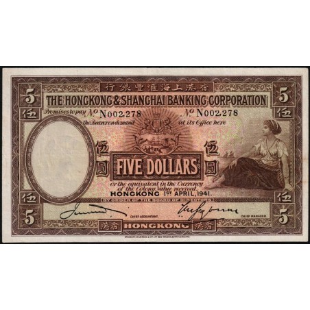 Hong Kong - HSBC - Pick 173d - 5 dollars - Série N - 01/04/1941 - Etat : TTB+