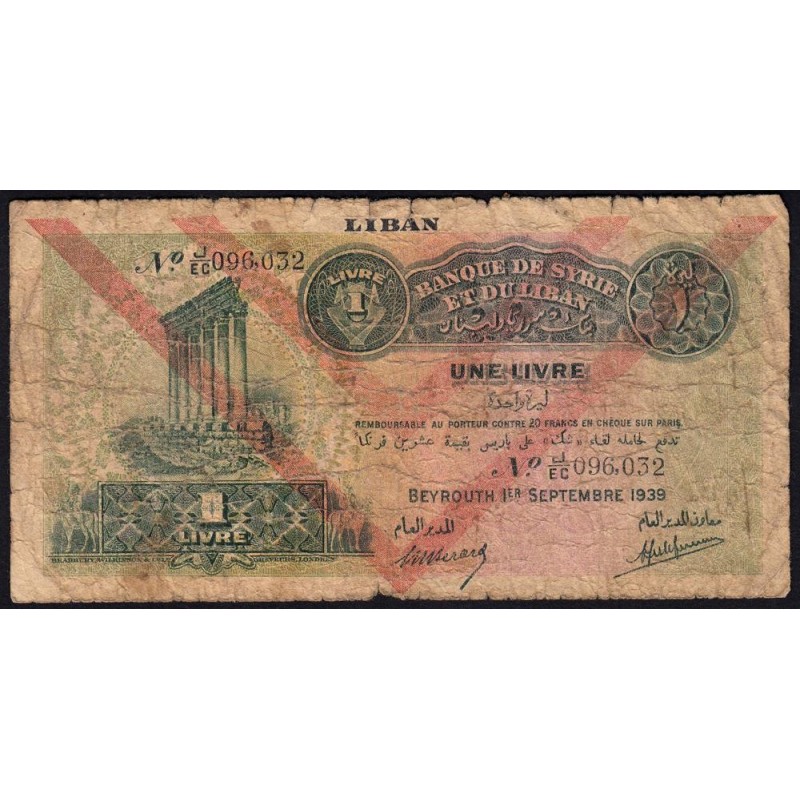 Liban - Pick 26d - 1 livre - Série J/EC - 01/09/1939 - Etat : B-