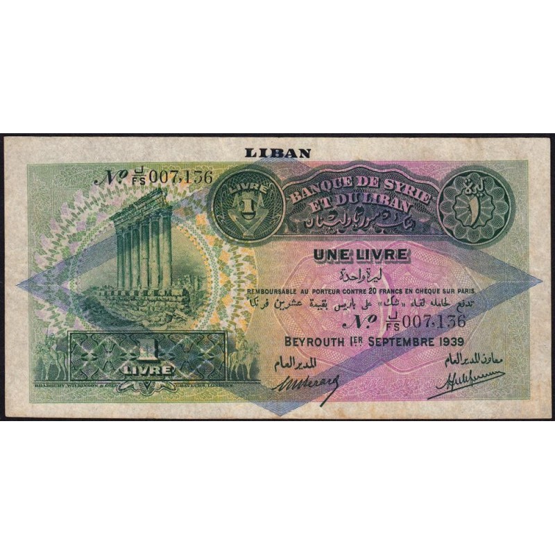 Liban - Pick 26e - 1 livre - Série J/FS - 01/09/1939 - Etat : TTB